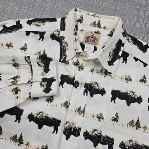 Barn Fly Shirt Mens Large White Bison Print Long Sleeve Button Up Western USA